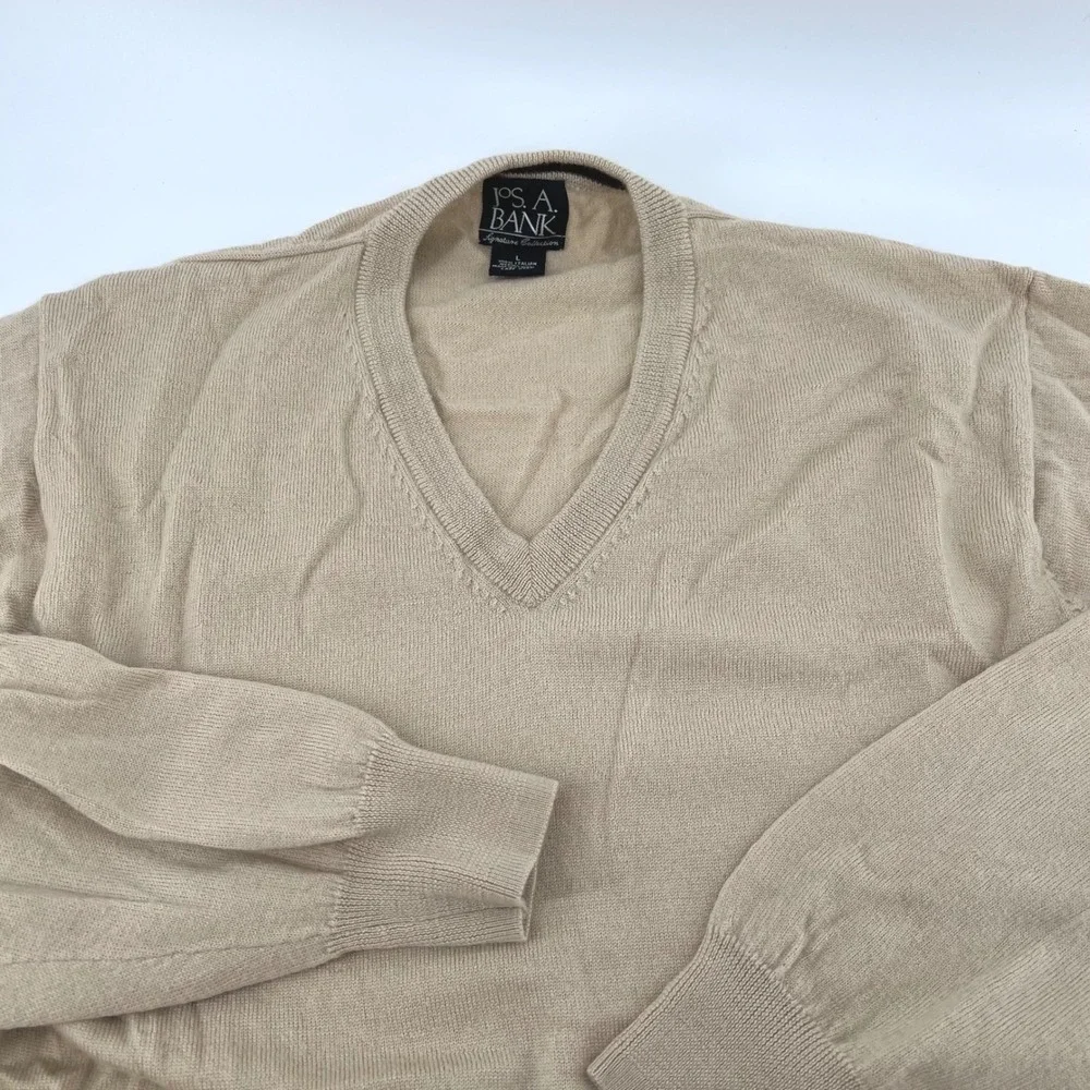 JO S A BANK Mens V Neck Sweater L 100% Italian Merino Wool Beige Long Sleeve - Picture 1 of 7